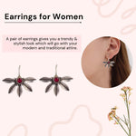 El Regalo Silver toned Oxidized Hook Earrings for Girls & Women- Red Stones Handcrafted Ethnic Tribal Boho Traditional Earrings