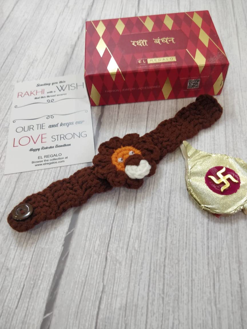 El Regalo Kids Rakhi- 1PC beautiful Hand Knitted Animals Kids Rakhi with, Rakhi Card in Rakhi Gift Box- Unique Adjustable, Soft, Knitted Rakhi for Babies/Toddlers/Kids (Tiger Knitted Rakhi)