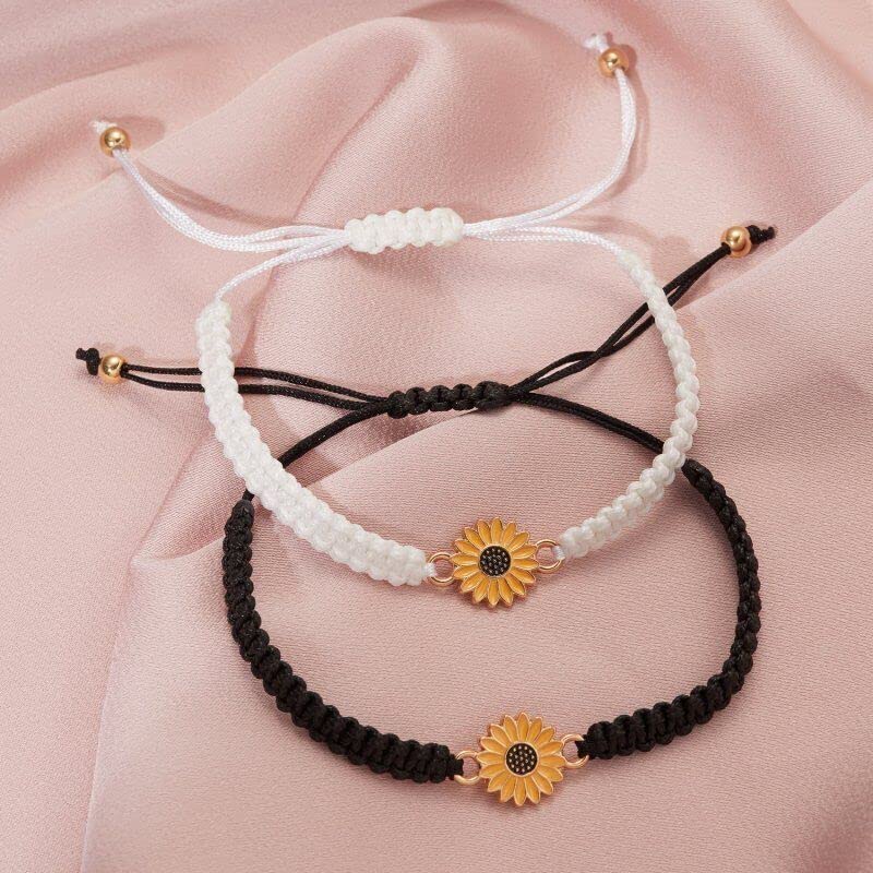 El Regalo 2 PCs Sunflower Daisy Bracelet - Adjustable Sunflower Bracelets for Best Friends/Besties - Sunflower Pinky Promise Bracelets for Kids Girls/Teens/Women (Black & White Sunflower Bracelet)