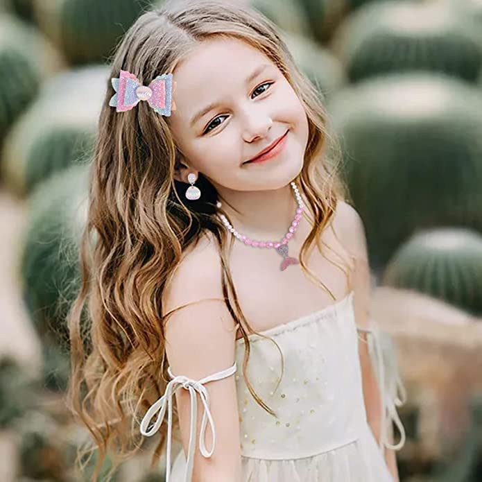 El Regalo 6-Piece Mermaid Princess Girls Kids Dress Up Jewelry Gift Box Set - Sequins Mermaid Tail Coin Purse Necklace Bracelet Ring Pearl Earrings Gifts for Girls (Shiny Pink Mermaid Jewelry Set)