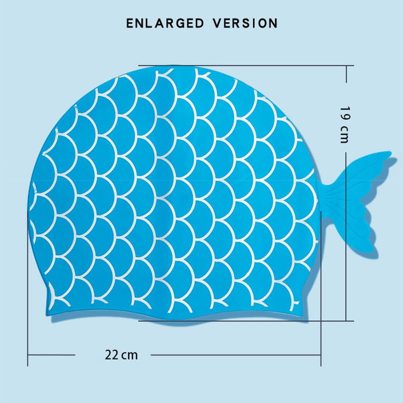 El Regalo 1PC Cute Mermaid Fish Tail Silicon Swimming Cap for Kids, Girls, Boys, and Teens (Blue)