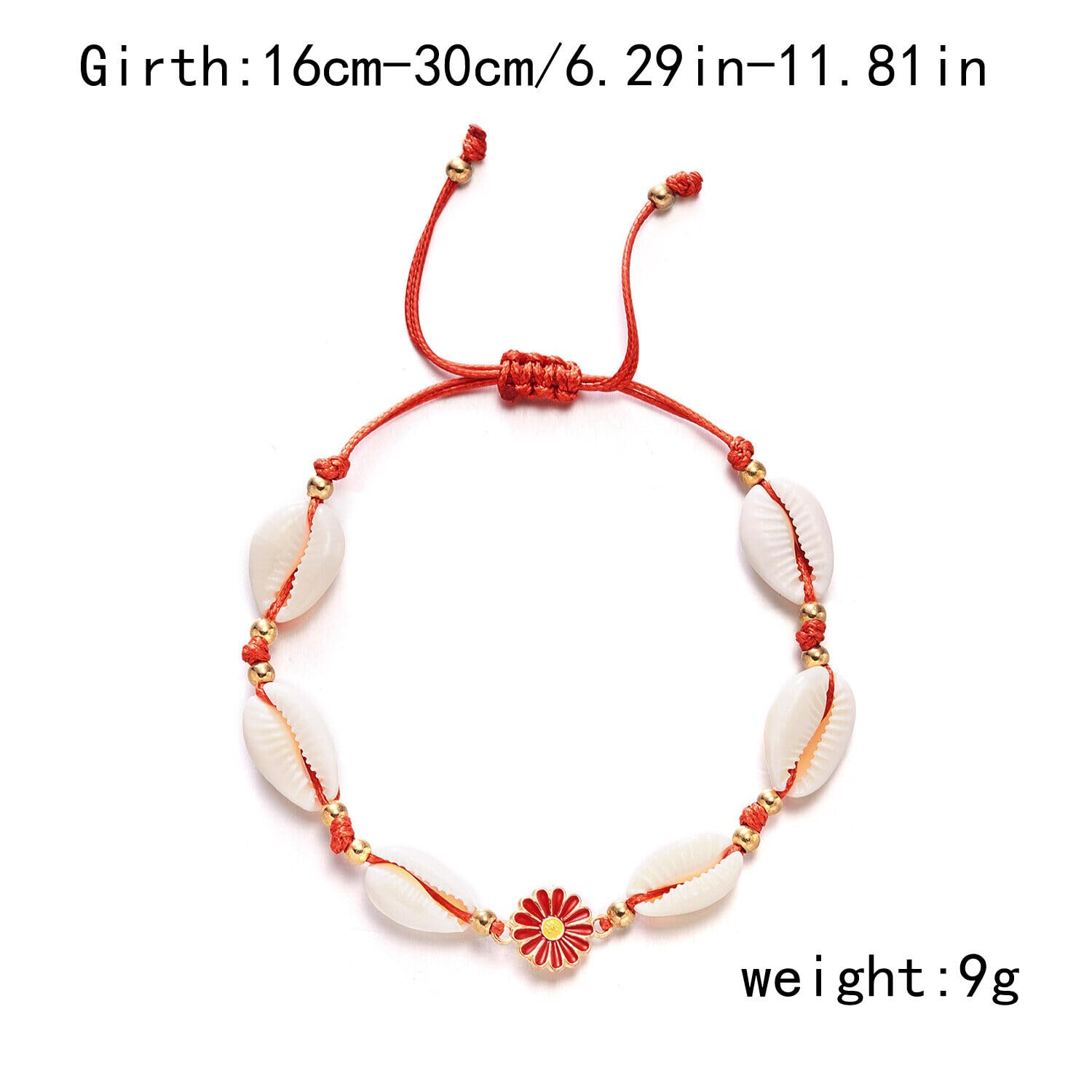 El Regalo Womens 1PC Bohemian Sunflower Cawrie Shell Anklet- Trendy 1 Leg Thread Adjustable Anklet with Pretty Flower Charms (Red)