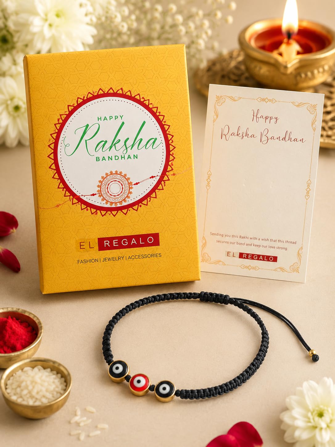 El Regalo Evil Eye Rakhi for Brother Wrapped on Raksha Bandhan Card with Roli Chawal in Gift Box