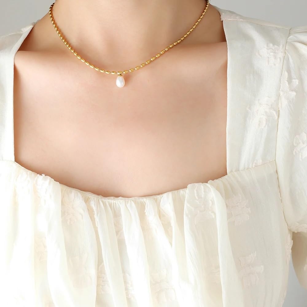 El Regalo Elegant Warterproof 18K Gold Plated Pearl Dainty Ball Bead Chain Necklace - Stainless Steel Anti-Tarnish Jewelry for Women, Girls (Ball Beads Drop Pearl Chain)