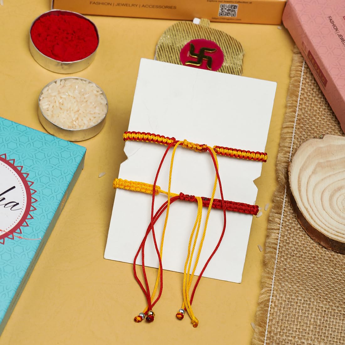 El Regalo 2 Hamsa Hand Evil Eye OM Rakhi Combo - Rakshabandhan Moli Charms Rakhi with Message Card & Roli Chawal Shagun in Rakhi Box for Bhaiya/Babhi/Bhatija/Bhatiji (Option-2)