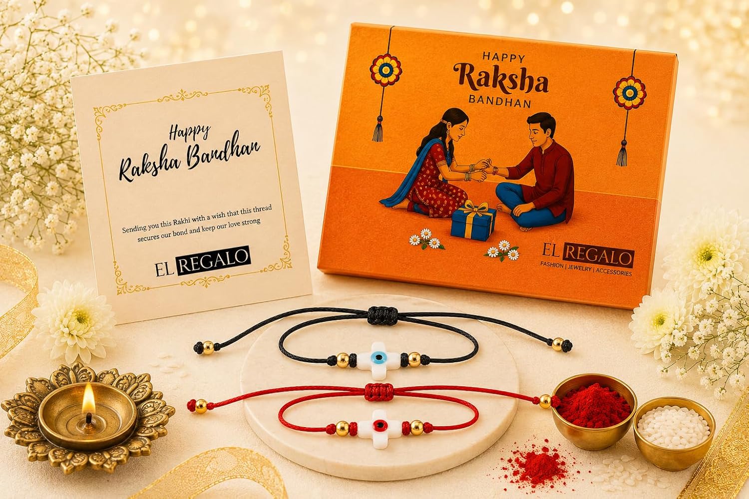 El Regalo 2PCs Evil Eye Minimalist Rakhi Combo Set for Brothers/Bhai-Bhatija with Roli Chanwal, Rakhi Message Card in Rakshabandhan Box