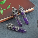 El Regalo 1PC Flower Wrapped Hexagonal Healing Natural Stones Point Pendant Unisex Necklace- Natural Stones Reiki Healing Crystals Necklace in Antique Silver Finish (Purple- Amethyst-Cord)