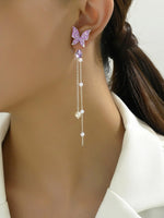 El Regalo Long Butterfly Tassel Rhinestone Crystals & Pearls Earrings for Women Girls- Violet Crystals Long Butterfly Earrings