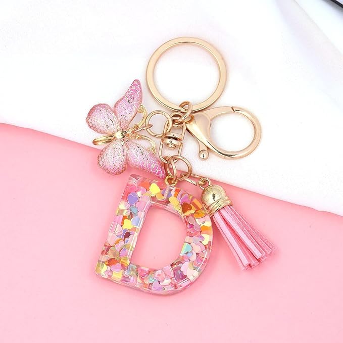 El Regalo Personalized Name Initials Butterfly Charm Keychain - Custom Letter Keyring with Pink Tassel & Butterfly Pendant, Purse, Bag, Backpack Accessory (D Letter)