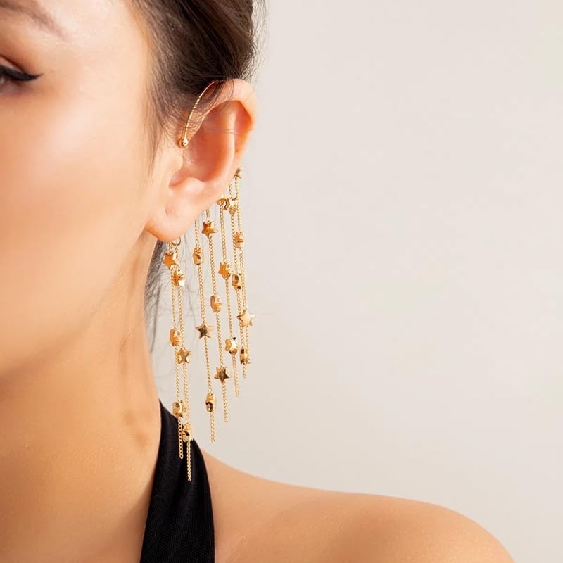 El Regalo Long Tassel Elf Ear Cuff Earrings for Women - Non Piercing Crawler Ear Wrap Bollywood Chandelier Dangle Earrings - Fairy Star & Spike Ear Clips (Stars Tassel)