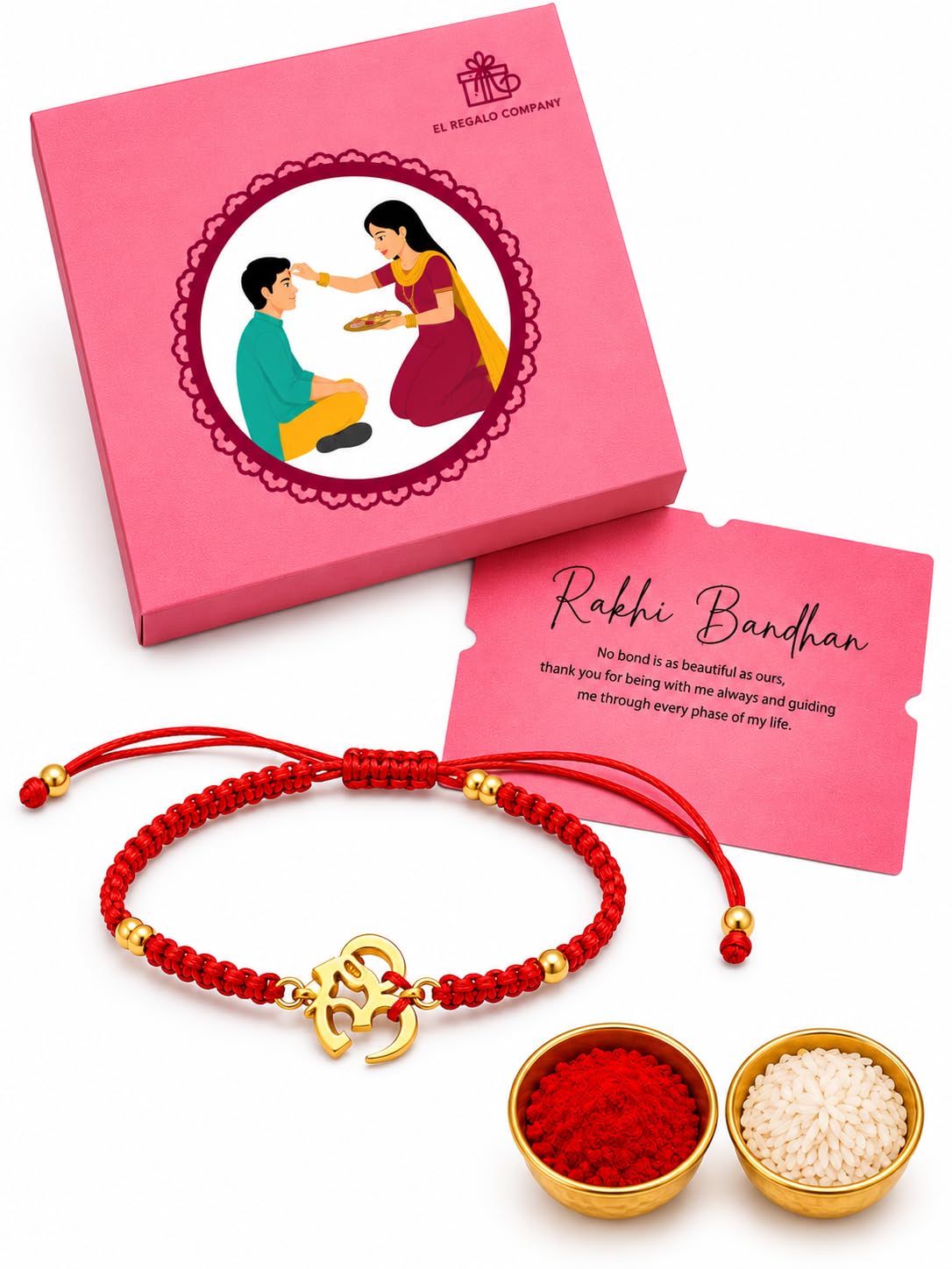 El Regalo OM Rakhi for Brother- Red Thread AUM Bracelet Rakhi for Bhai with Box & Roli Chawal (Gold OM)