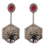 El Regalo Handmade Oxidized Silver Lookalike Brass Earrings with Red Stone and Ghungroo - Versatile Fashion Statement Earrings