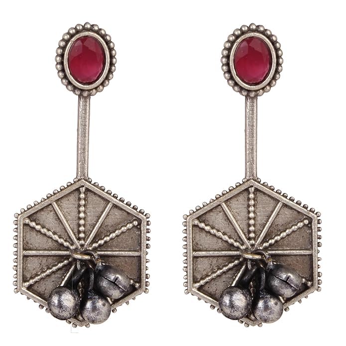 El Regalo Handmade Oxidized Silver Lookalike Brass Earrings with Red Stone and Ghungroo - Versatile Fashion Statement Earrings