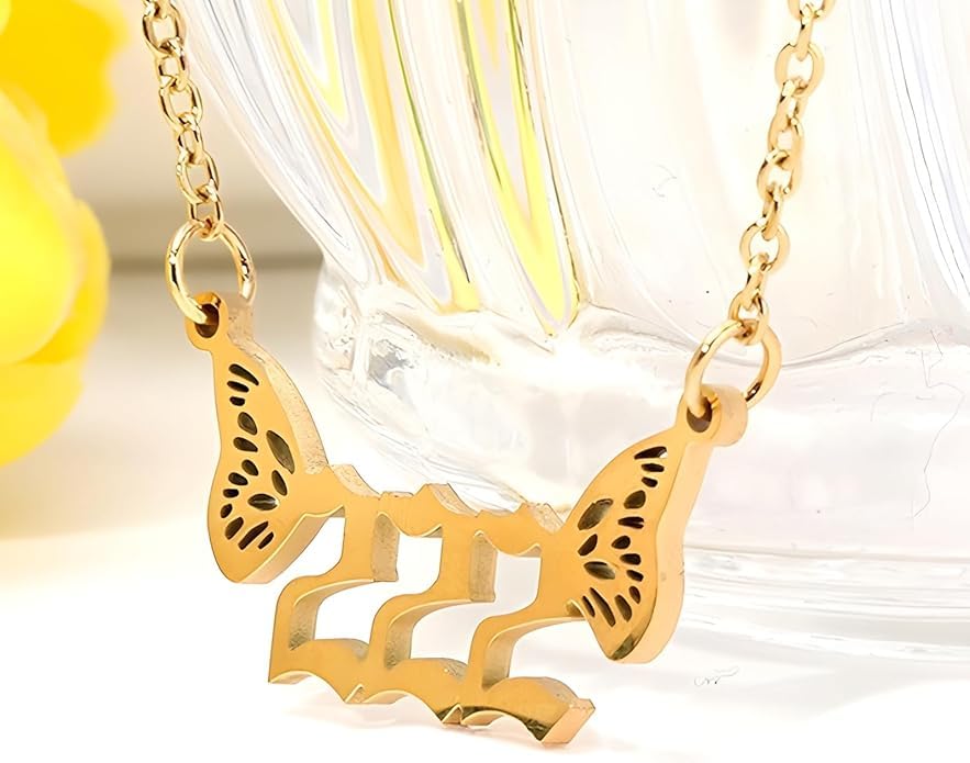 El Regalo Small Butterfly Wings Angel Number Necklace- Stainless Steel, Anti Tarnish, Angel Number Numerology Jewelry for Women & Girls (Angel Number 222)