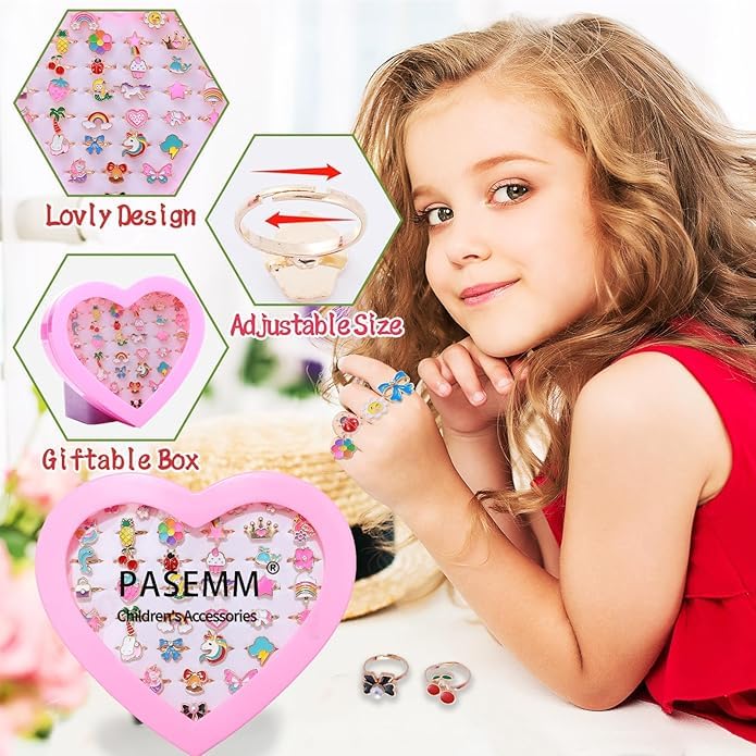 El Regalo 36 Pcs Adjustable Enamel Kids Rings - Unicorn, Rainbow, Strawberry, Flowers & More | No-Duplicate Dress-Up Jewelry Box for 4-12 Year Old Girls - Birthday, Christmas, Valentines