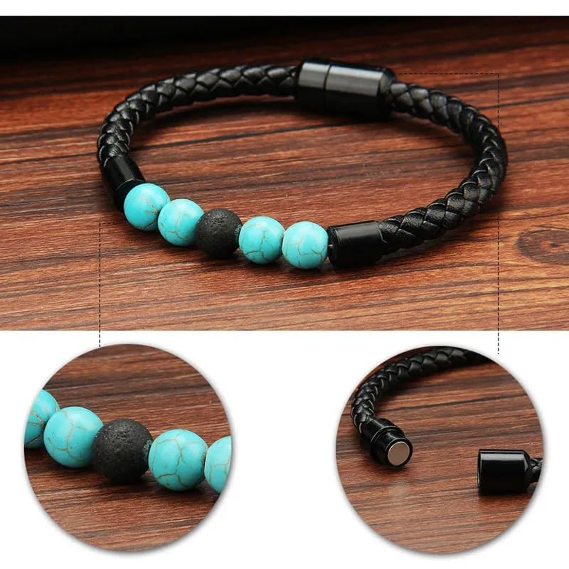 El Regalo 1PC Natural Stone Magnet Buckle Bracelet for Men/Boys, Trendy, Simple, Exclusive Men's Vintage Pu Leather Bracelet (Turquoise Blue)