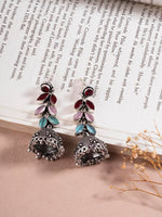El Regalo Elegant Oxidized Stones Leaves Brass Jhumka Earrings- Silver Lookalike Ethnic Long Jhumki Earrings for Women Girls (Multi)
