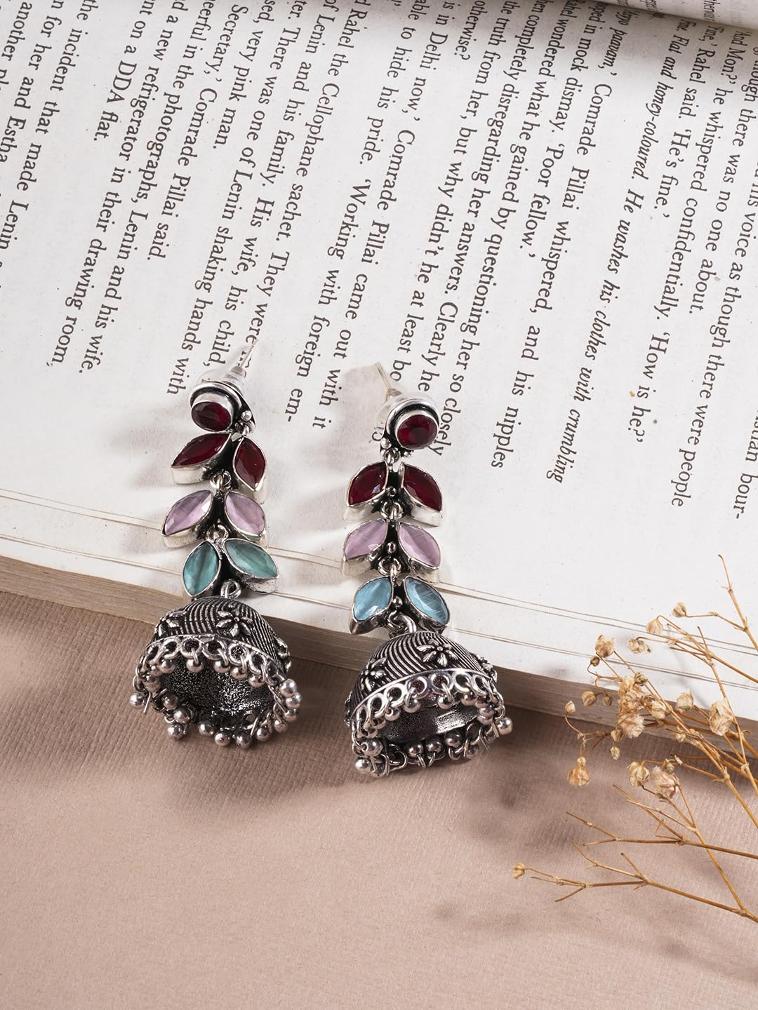 El Regalo Elegant Oxidized Stones Leaves Brass Jhumka Earrings- Silver Lookalike Ethnic Long Jhumki Earrings for Women Girls (Multi)
