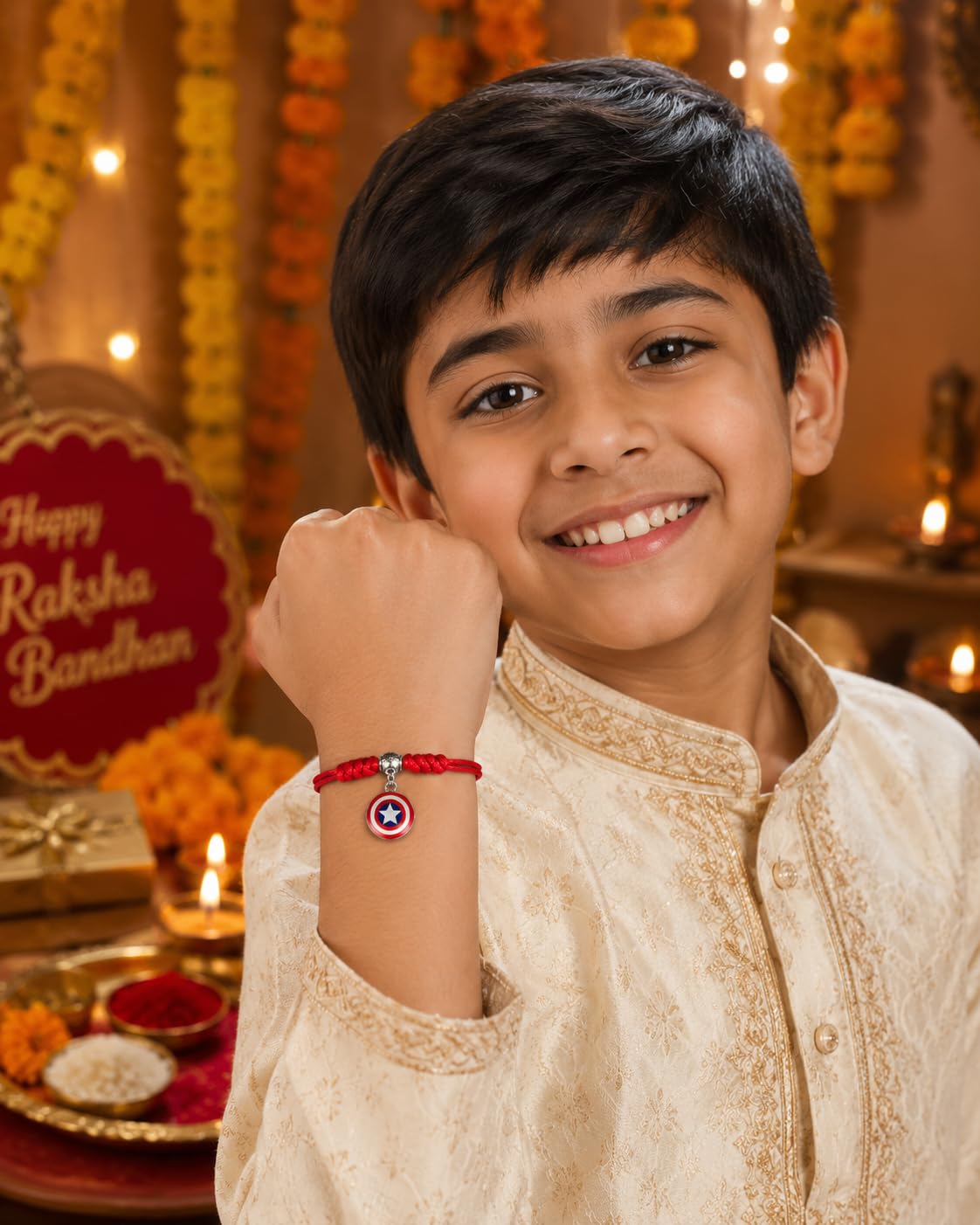 El Regalo 1PC Superhero Kids Rakhi- Fun Kids Bracelet Rakhi with Roli Chawal, Rakhi Message Card in Rakhi Gift Box for Little Bro/Sister/Niece or Nephew (Captain America Red Rakhi)