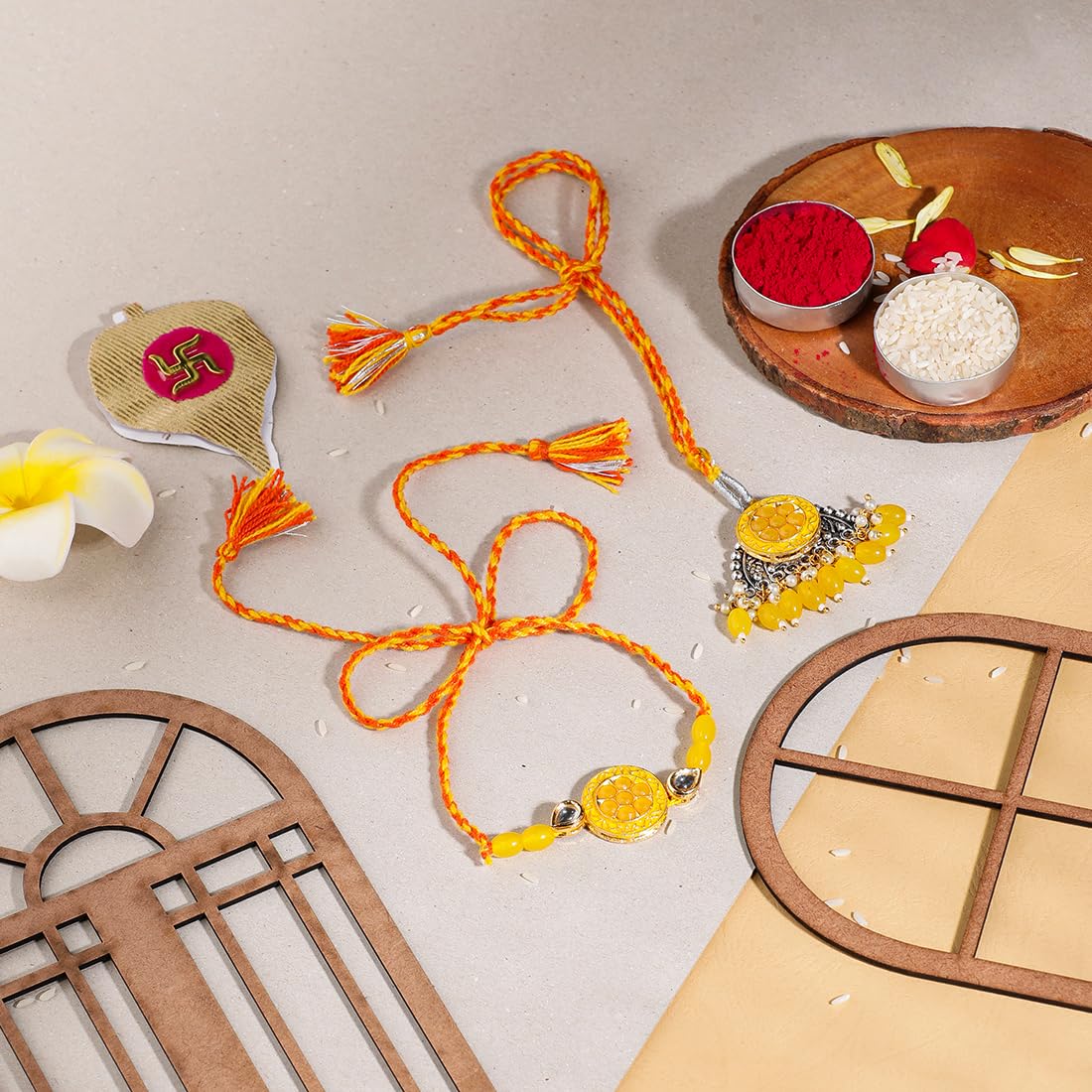 El Regalo Designer Bhaiya- Bhabhi Rakhi Luma/Lumba Set- Kundan, Pearls Rakhi with Roli Chawal in Gift Box- Luma Convertible into Necklace (Option-6)