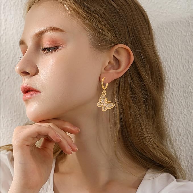 El Regalo 3 Pairs Fancy, Cute Butterfly Earrings for Girls & Women - Fashion Enamalled/Butterfly CZ Hypoallergenic & Nickel Free Earrings for Kids, Teen Girls & Women (CZ Butterfly Hoop Earrings)