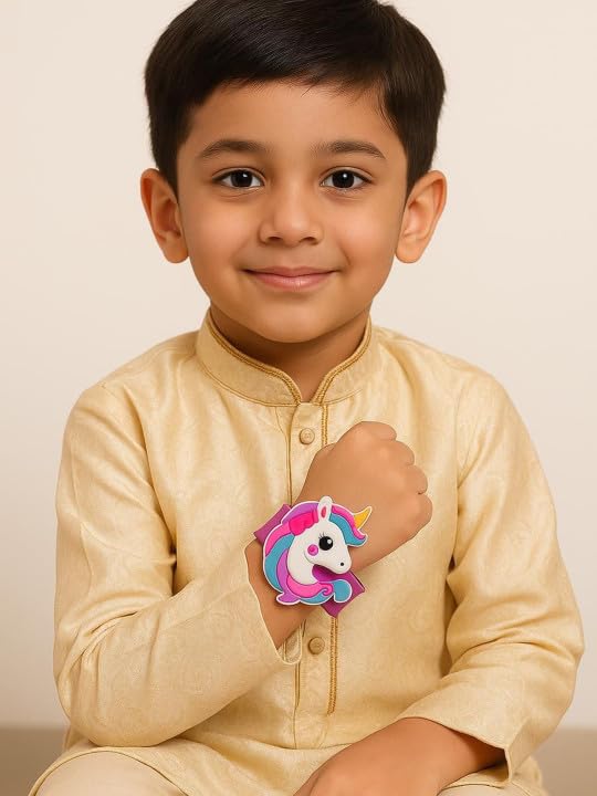 El Regalo Cute Slap Band Bracelet Rakhi for Kids Boys & Little Brother | Fun Quirky Silicone Slap Wristband Rakhi for Toddlers & Children with Roli Chawal Pack and Gift Box (Unicorn)