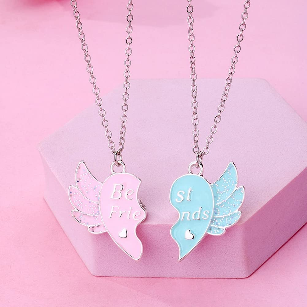 El Regalo 2 PCs Best Friend BFF Split Magnetic Matching Heart Wings Pendant Necklaces Set for Girls/Besties/Soul Sisters (BF Silver Heart Wings)