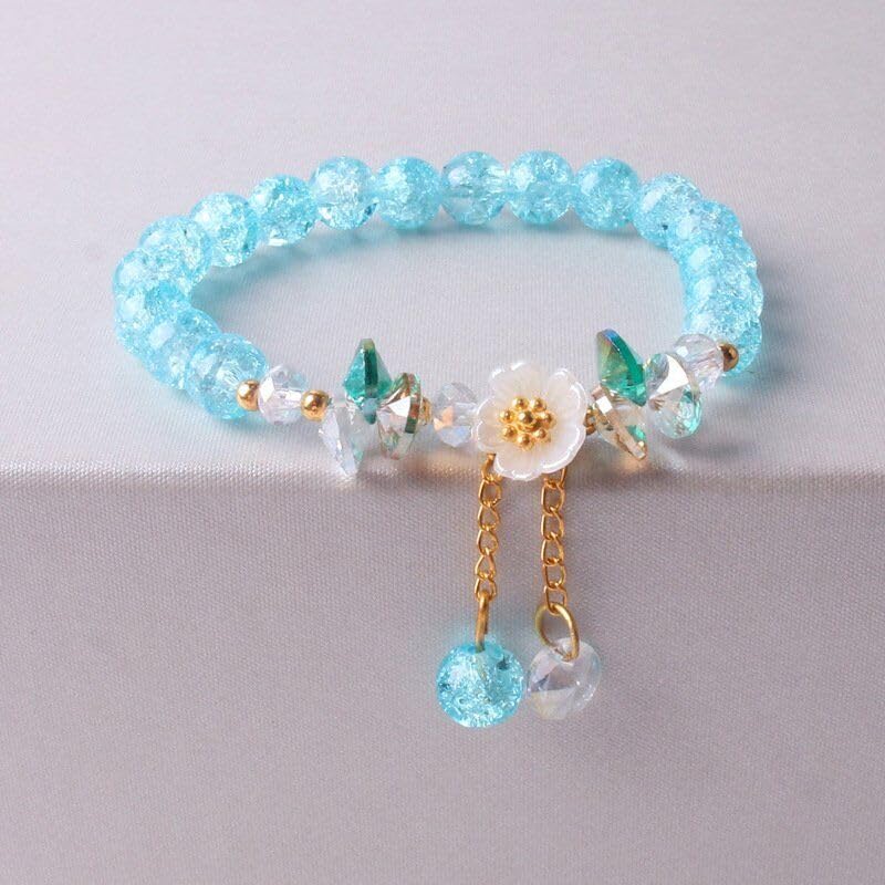 El Regalo Daisy Flower Bracelets- 1PC Crackled Crystal Beads Tassel Flower Charms Bracelet for Girls & Women (Blue)