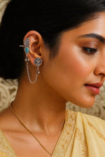 El Regalo Antique Silver Cuff Earrings for Women & Girls - Brass Stud & Chain Ear Cuffs for Pierced Ears - Elegant Contemporary Silver Lookalike Jewelry for Traditional & Western Outfits (Silky Green)