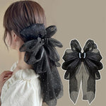El Regalo Shimmering Big Bow Hair Claw Clips for Girls & Women- Fancy Chiffon Silk Hair Clip with Rhinestone, Large Hair Jaw Clips, Fabric Floral Bows Hair Accessories (White)