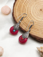 El Regalo Oxidized German Silver Bohemian Tibetan Stones Hook Earrings for Girls & women | Earrings for Women (Magenta)