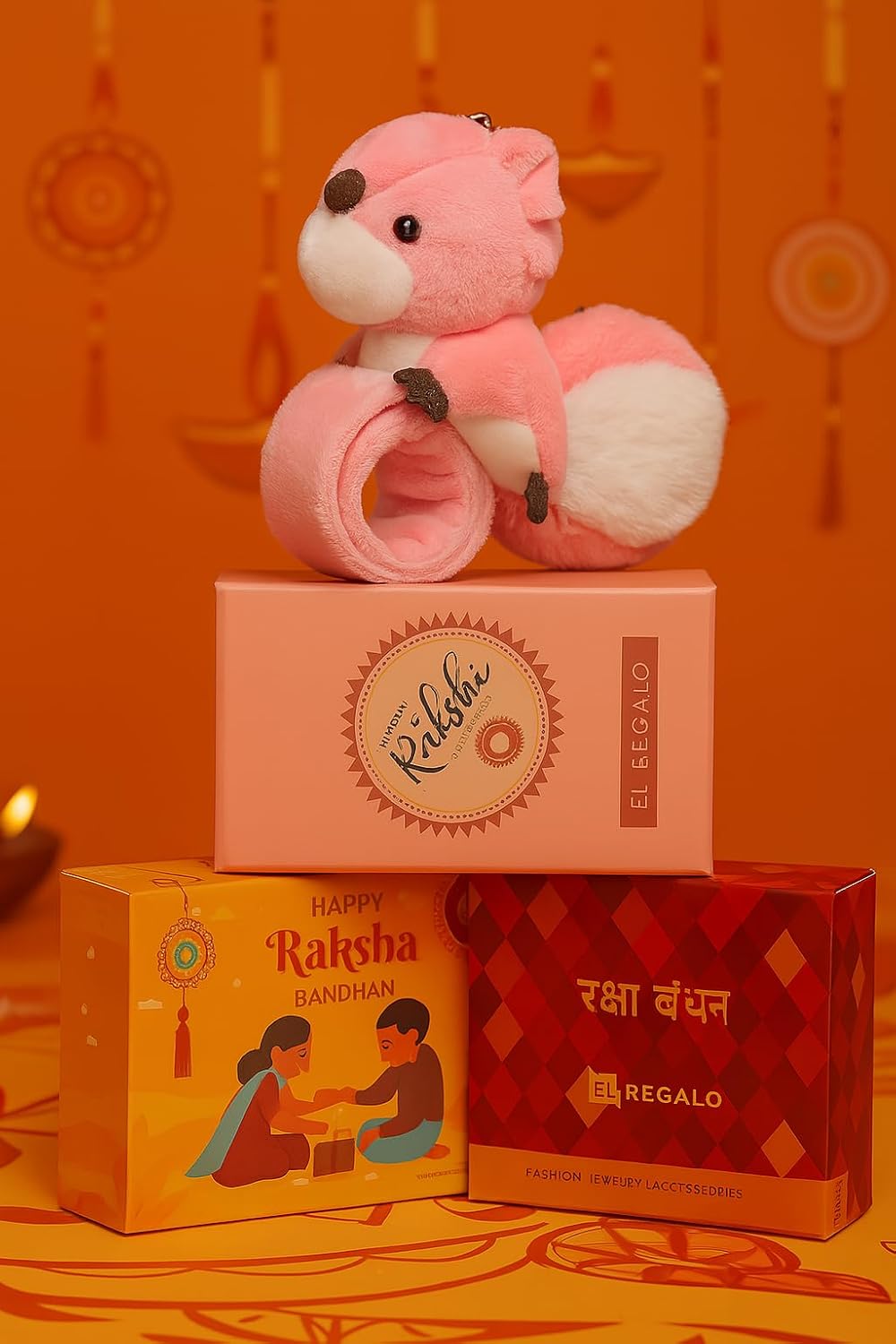El Regalo Kids Rakhi - Cute Animal Plush Slap Band Rakhi for Boys & Girls | Panda, Shark, Dinosaur & More with Roli Chawal & Rakshabandhan Card | Fun Cartoon Soft Slap Bands for Children (Pink Squirrel)