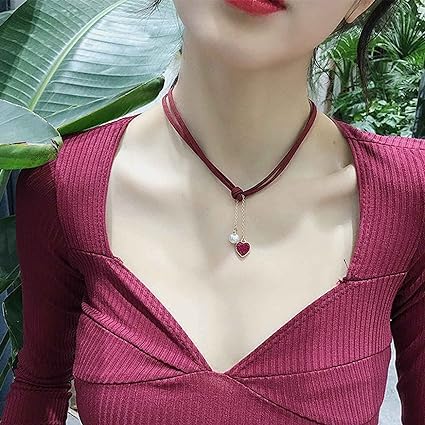 El Regalo 1PC Heart Pearls Red Lace Velvet Choker Pendant Necklace for Girls & Women