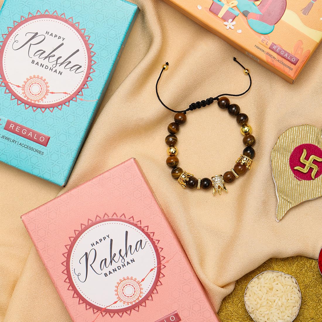 El Regalo 1 PC Natural Stones AD King Crown Rakhi for Brother/Bhai- Designer Handcrafted Natural Stones Rakhi with Roli-Chawal Shagun, Rakhi Message Card in Rakhi Gift Box (Brown & Golden)