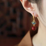 El Regalo Lotus Design Drop Earrings for Women & Girls - Gold Plated Enamel Earrings with Red Stone Bead Pendant - Ethnic & Contemporary Earrings