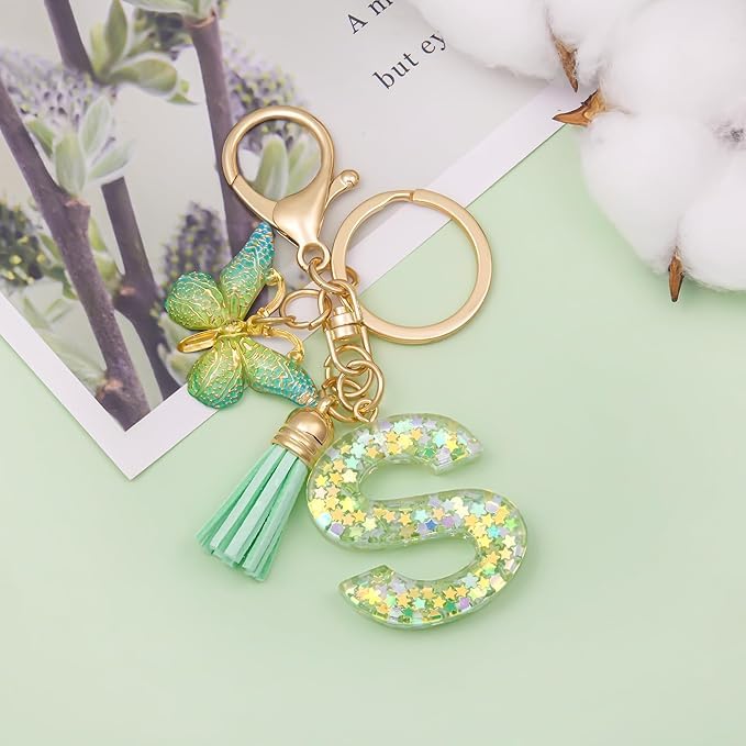 El Regalo Personalized Name Initials Butterfly Charm Keychain - Name Letters Keyring with Green Butterfly & Stars Filled Resin & Tassel Pendant, Purse, Bag, Backpack Accessory (Letter S)
