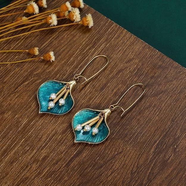 El Regalo Enamel Glaze Orchid Leaf Pearl Hook Earrings for Girls & Women- Retro Tassel Pearl Orchid Earrings
