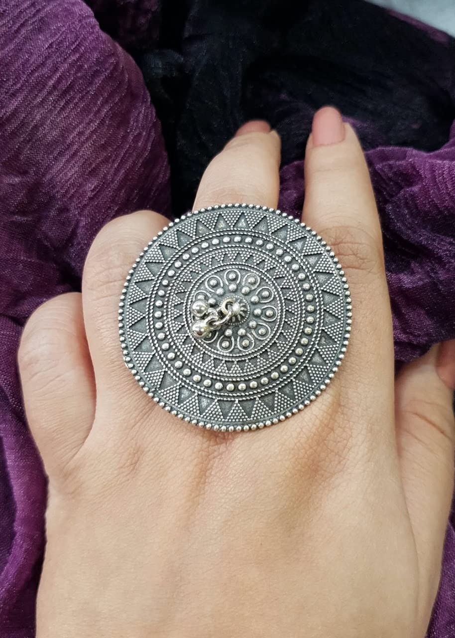 El Regalo Big Oxidized German Silver Ghungroo Adjustable cocktail Finger Ring for Girls & Women