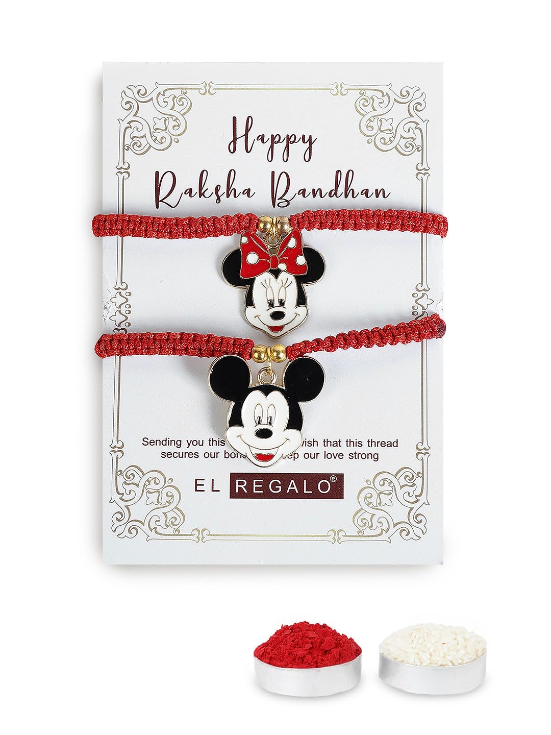 El Regalo 2 PCs Cute Kids Fancy Rakhis- Beautiful Minnie & Mickey Mouse Rakhis Set with Roli Chawal, Rakhi Message Card in Rakhi Gift Box for Little Brother/Niece/Nephew