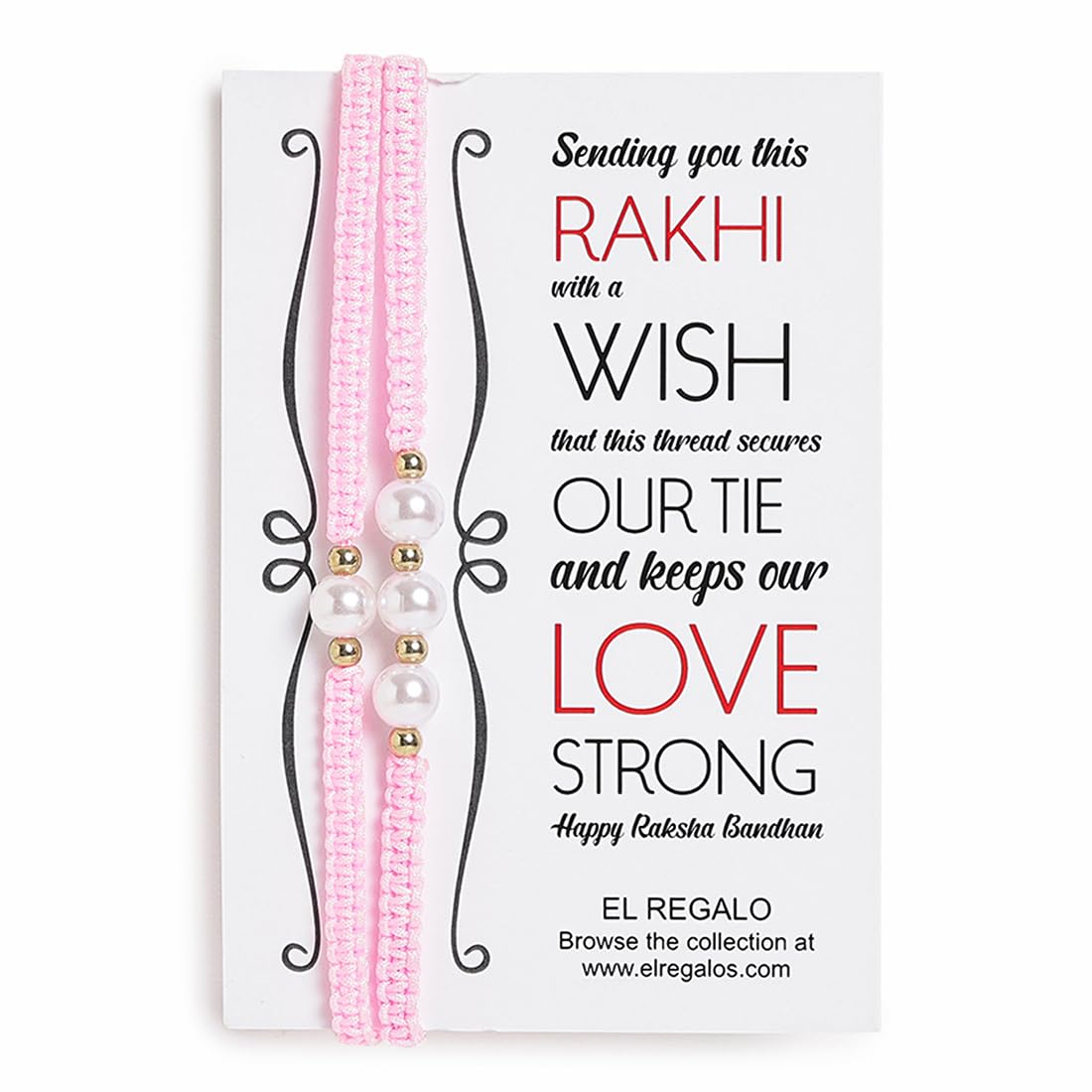 El Regalo 2PCs Pearls Rakhi Combo Set for Bhaiya-Bhabhi/Bhai- Bhatija/Bhatiji- Rakhi Gift Combo with 2 Pearls Rakhi, Roli-Chawal Shagun Pack, Message Card in Gift Box (Pink)