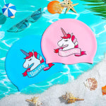 El Regalo 2 PCs Kids Swimming Caps Set- Silicone Swimming Hat for Girls Boys Waterproof Bathing Caps for Long & Short Hair with Unicorn, Astronaut, Heart, Fairy Mermaid (Pink & Blue Unicron)