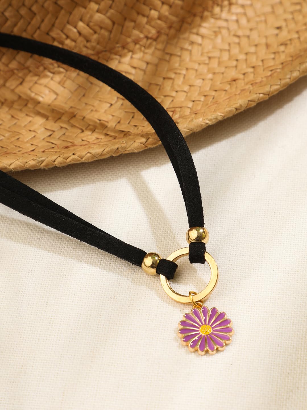 El Regalo 1PC Cute & Fancy Black Faux Choker Collar Necklace with Charms for Girls & Women (Purple Daisy Flower Choker)