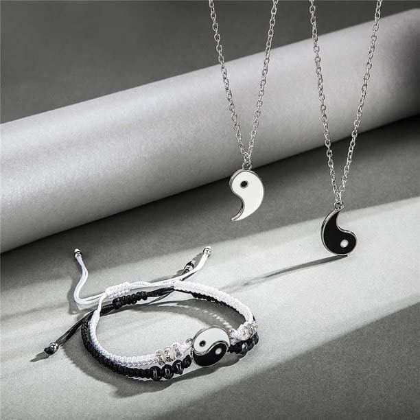 El Regalo Unisex 4 Pcs Yin Yang Necklace & Bracelet Set, 2 Pieces Matching Yin Yang Adjustable Cord Bracelet, Couple Pendant Necklace Chain For Friendship Boyfriend Girlfriend- Valentines Day Gift