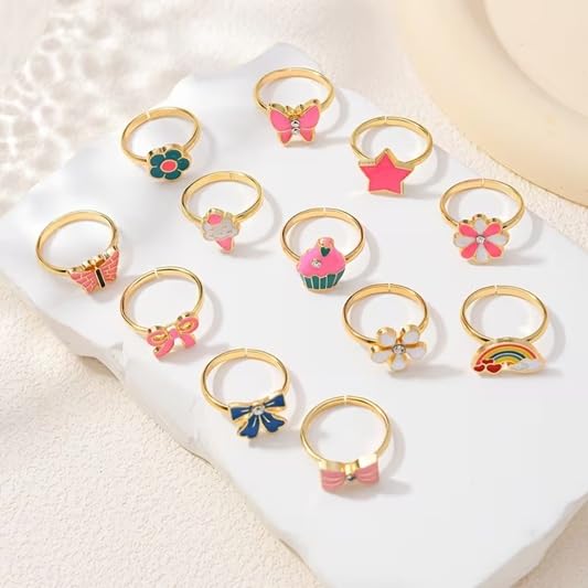 El Regalo 12 Pcs Cute Adjustable Rings Set for Kids/Girls/Women - Colorful Cartoon Enamel Finger Rings | Adjustable Cute Jewelry Gift Box - Butterfly, Flower, Bow, Heart, Cherry Designs (Style-2)