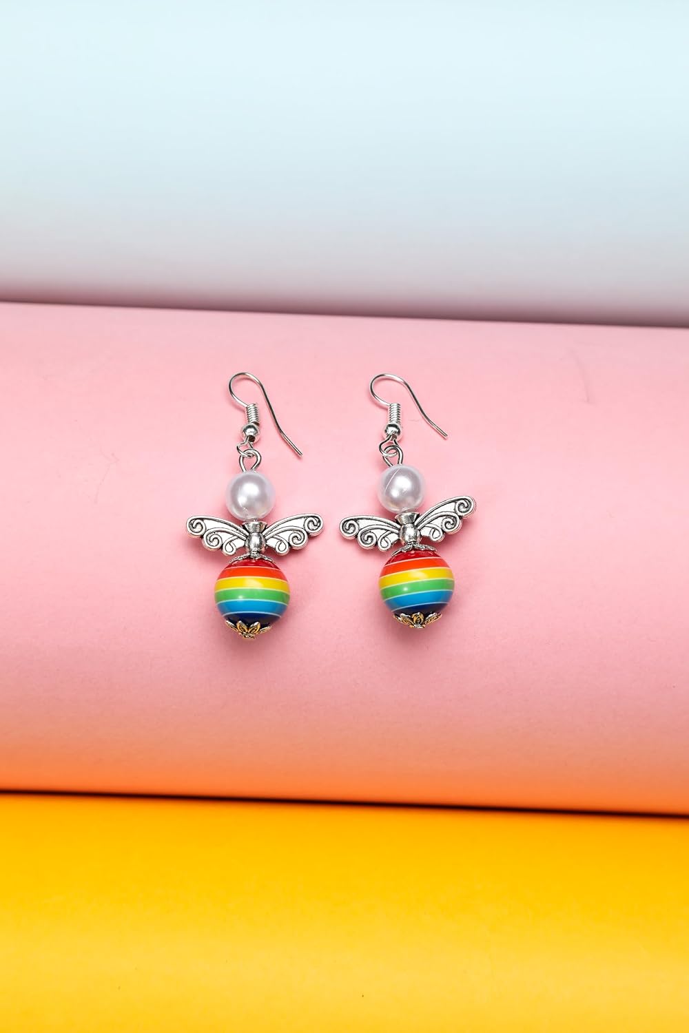 El Regalo Rainbow Angel Wings Pearl Earrings- Cute Small Hook Earrings with Colorful Wings & Elegant Pearls