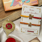 El Regalo 2PCs Red & Yellow Thread Bracelet Rakhi Combo Set for Brother- Auspicious OM, Ganesha, Shree, Trident, Damroo Mauli Rakhi with Roli Chawal Shagun, Message Card in Rakhi Gift Box (Option-2)