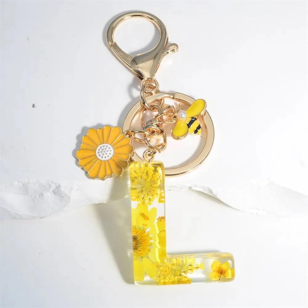 El Regalo Personalized Name Initials Natural Flowers & Bee Charm Keychain - Custom Letter Keyring with Daisy Flower & Honey Bee Pendant, Purse, Bag, Backpack Accessory (Letter L)