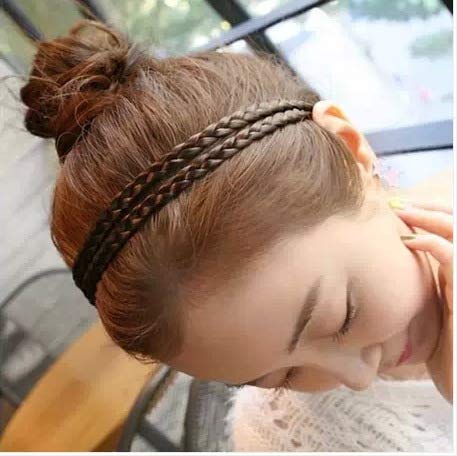 El Regalo Women Double Strands/Layered Twist Glossy Braided Hair Wig Simulated Hair Elastic Forehead Hairband (Brown)