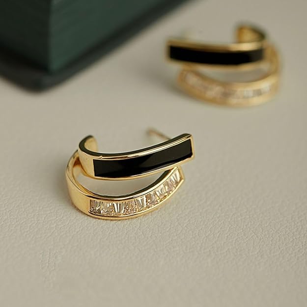El Regalo Double Row C-Hoop Earrings for Women & Girls | Hypoallergenic Geometric Studs | Cubic Zirconia & Enamel/Shell Inlay | Elegant Daily, Office & Party Earrings Jewellery (Black)
