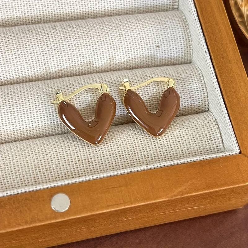 El Regalo 1Pair Love Heart Hoop Earrings- Small Oil Dripping Gold Plated Heart Earrings for Girls & Women Hoop (Brown)